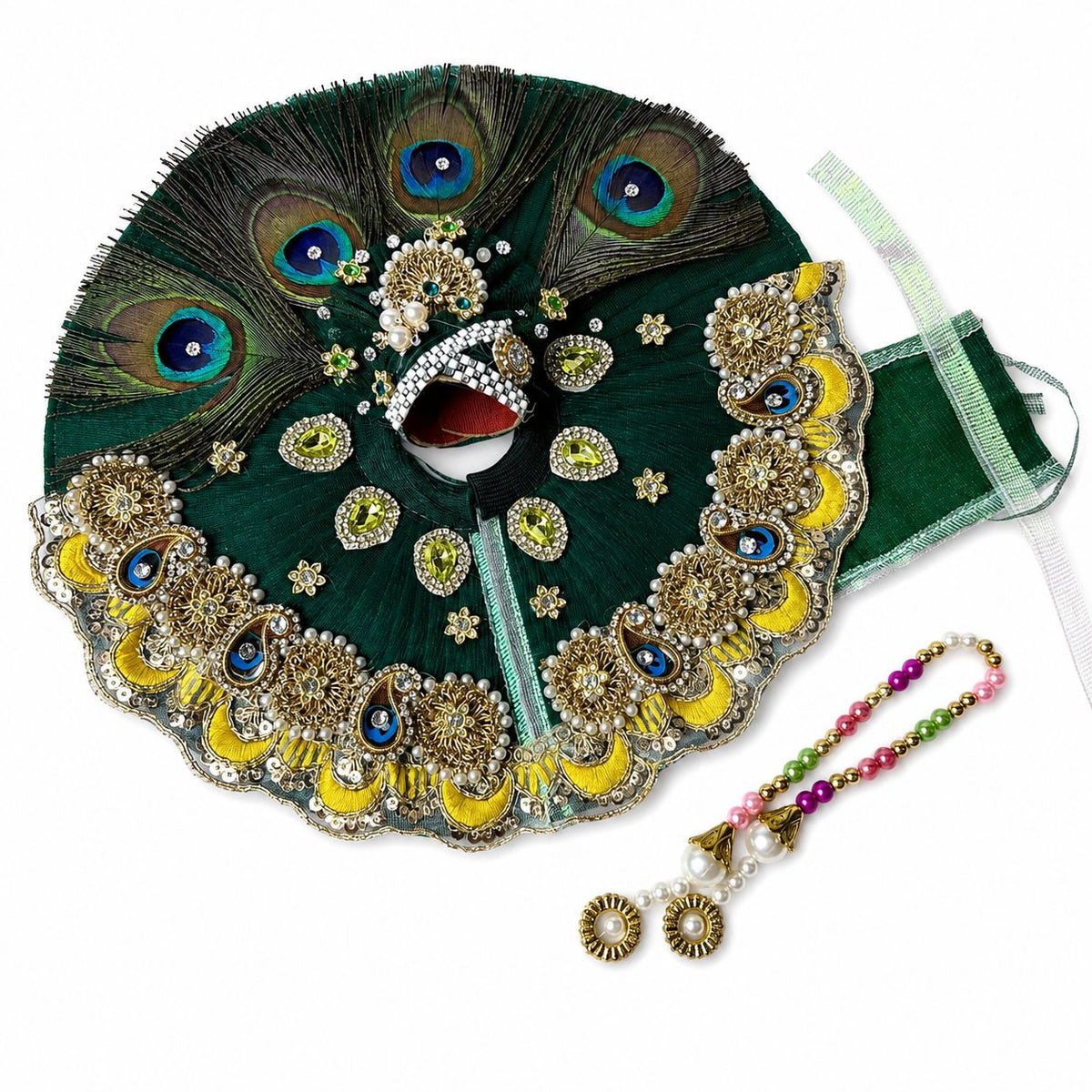 Premium Peacock Feather Green Laddu Gopal Poshak with Pearl & Mirror Work