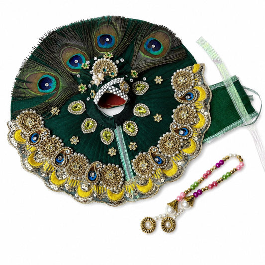 Premium Peacock Feather Green Laddu Gopal Poshak with Pearl & Mirror Work