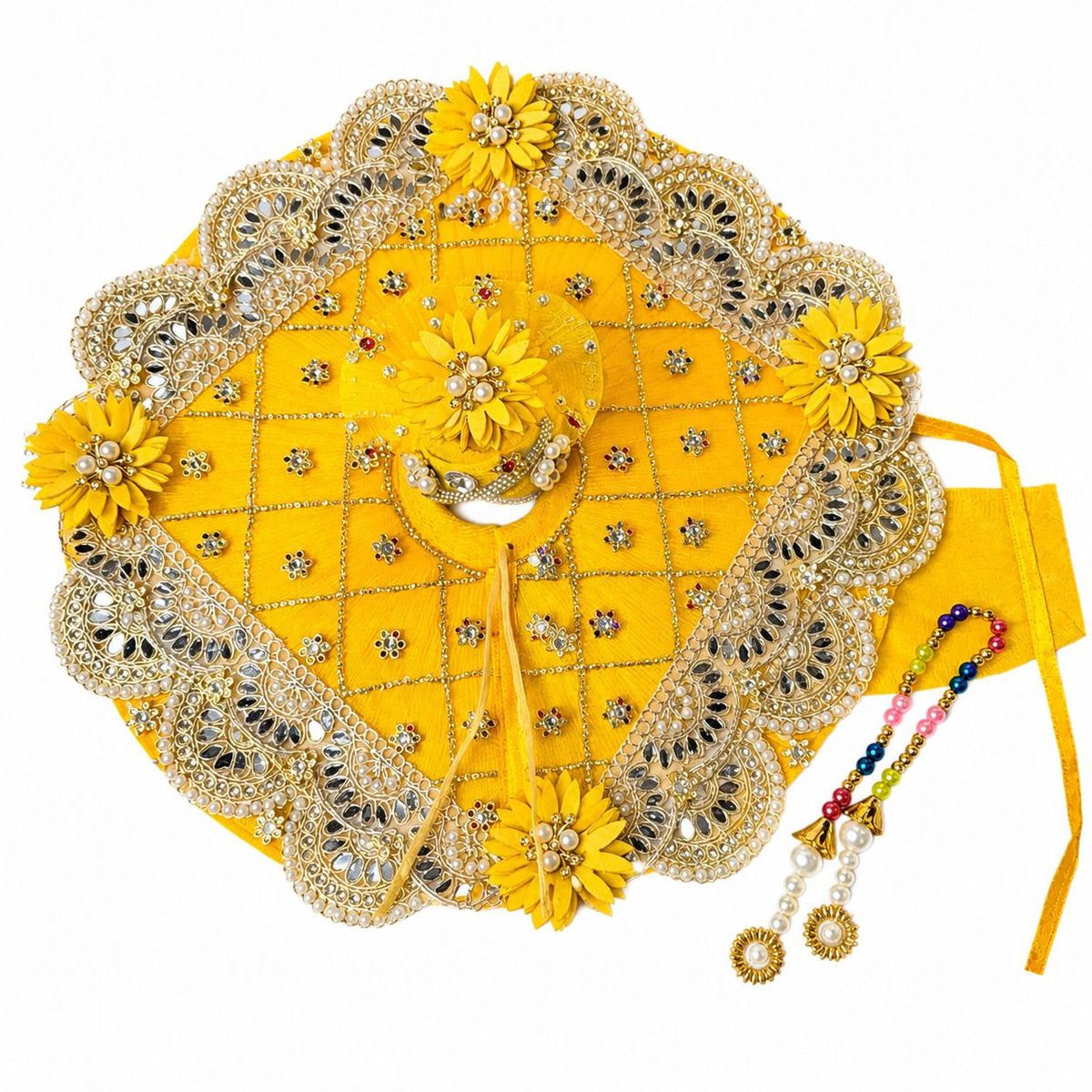 Premium Yellow Laddu Gopal Poshak with Mirror, Pearl & Floral Work