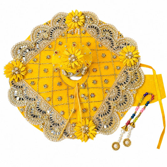 Premium Yellow Laddu Gopal Poshak with Mirror, Pearl & Floral Work